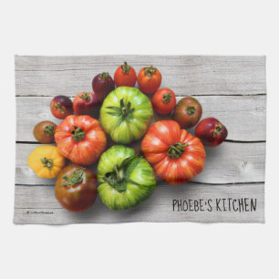 Colourful Striped Tomatoes on Weathered Table Tea Towel
