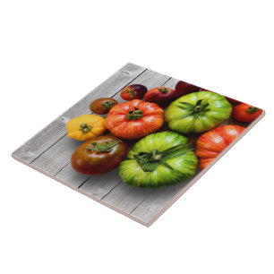 Colourful Striped Tomatoes on Weathered Table Tile