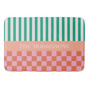 Colourful Stripes and Checks Green Pink Orange Bath Mat