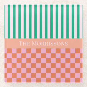 Colourful Stripes and Checks Green Pink Orange Glass Coaster