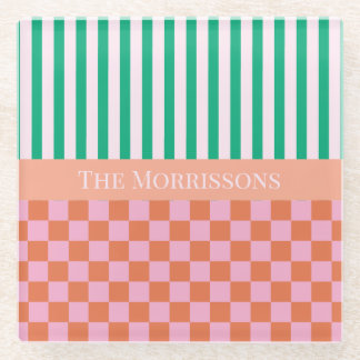 Colourful Stripes and Checks Green Pink Orange Glass Coaster
