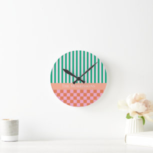 Colourful Stripes and Checks Green Pink Orange Round Clock