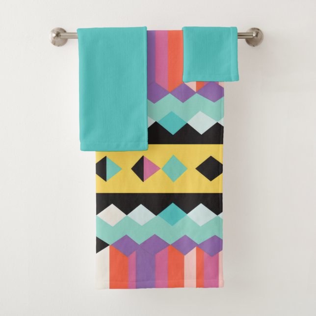 colourful stripes and triangles Pattern mix Bath Towel Set (Insitu)