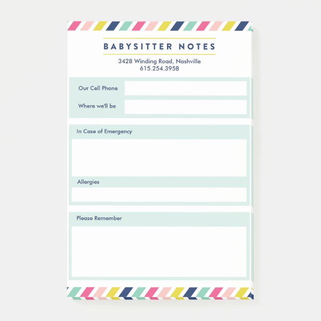 Colourful Stripes Babysitter Post-it Notes (Front)