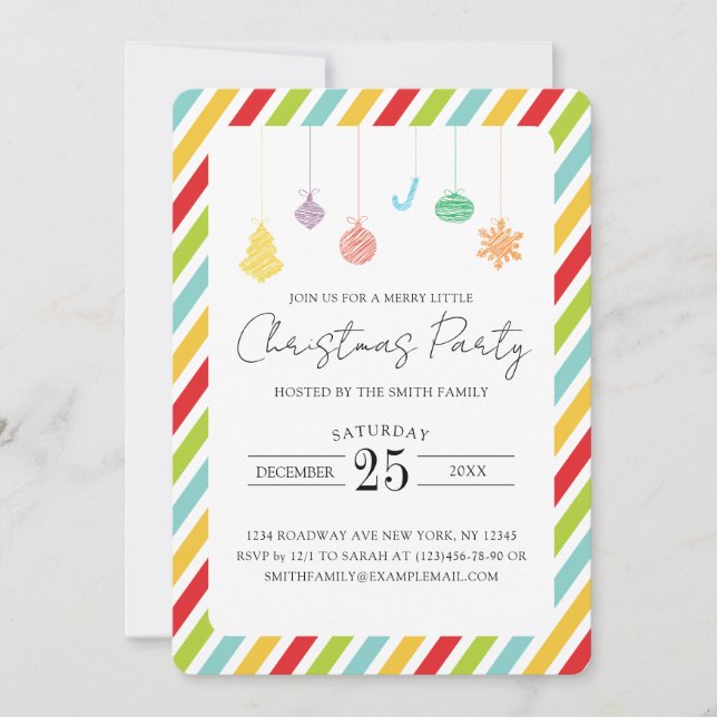 Colourful Stripes & Christmas Ornament Christmas Holiday Card (Front)