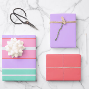 Colourful Stripes, Coral Pink and Mauve Birthday Wrapping Paper Sheet
