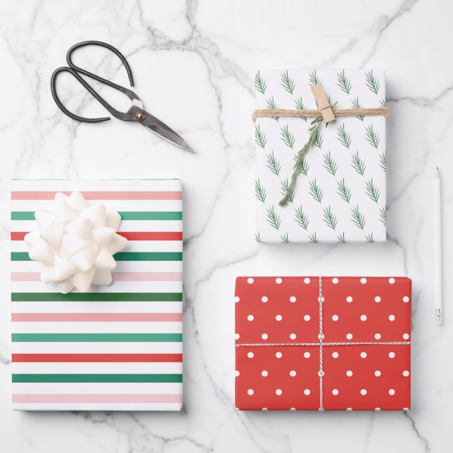 Colourful Stripes Dots and Pine Christmas Holiday Wrapping Paper Sheet (Front)