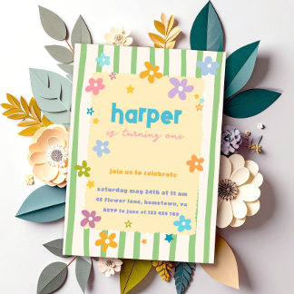 Colourful Stripes Floral First Birthday Party Invitation