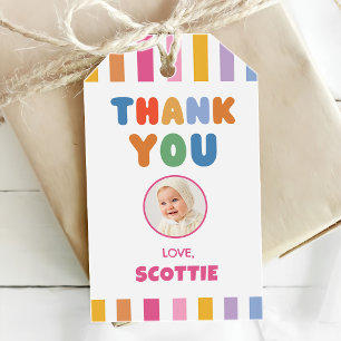 Colourful Stripes Girl 1st Birthday Photo Gift Tags