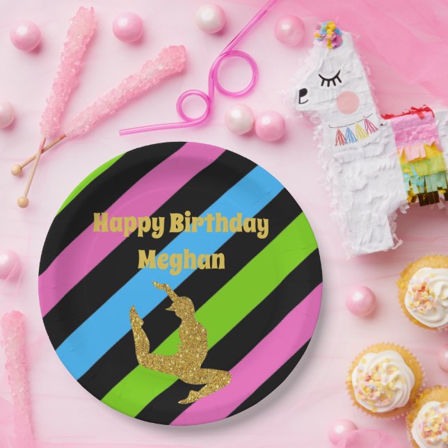 Colourful Stripes Gold Gymnastics Birthday Black Paper Plate (Party)