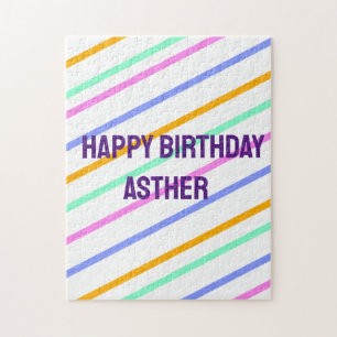 Colourful stripes happy birthday add name chevron jigsaw puzzle