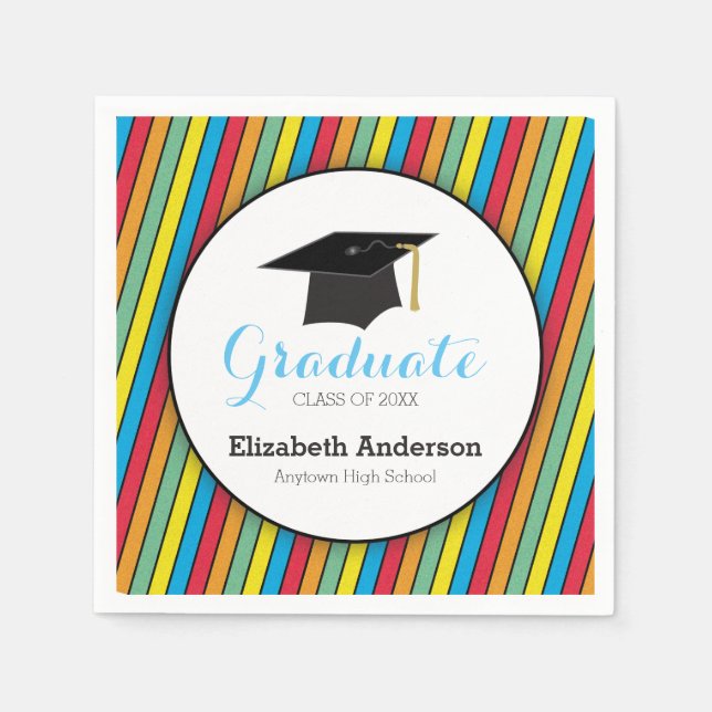 Colourful Stripes & Hat Personalised Graduation Napkin (Front)