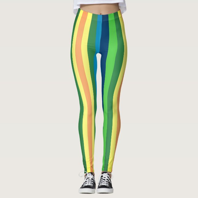 Colourful Stripes Leggings,Green,Blue Yellow Lines Leggings (Front)