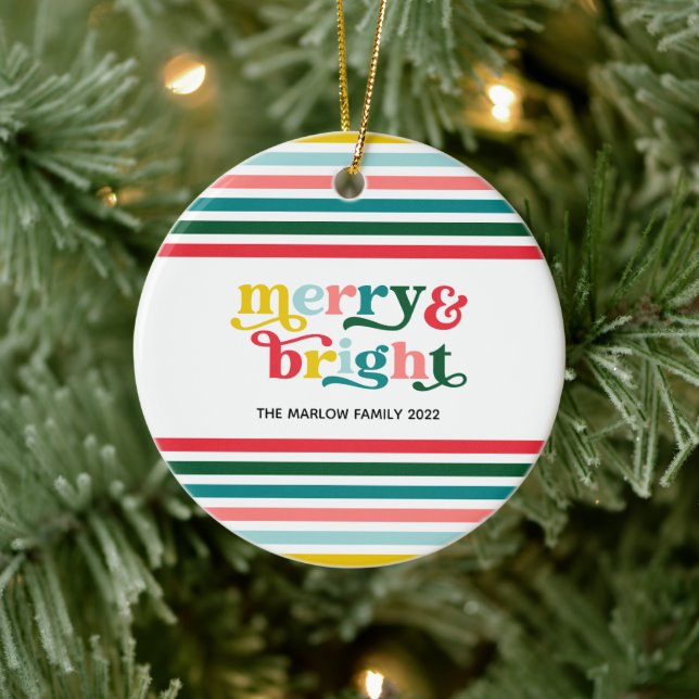 Colourful Stripes Merry & Bright Custom Christmas Ceramic Tree Decoration (Tree)