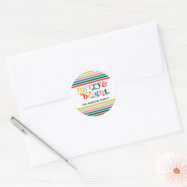 Colourful Stripes Merry & Bright Custom Family Classic Round Sticker (Envelope)