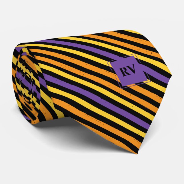 Colourful Stripes Monogram Puple Orange and Black Tie (Rolled)
