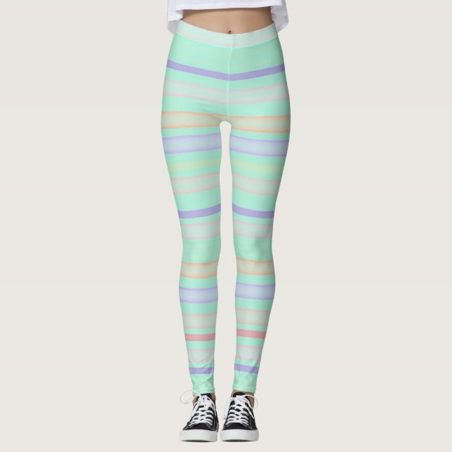 Colourful stripes on light turquoise leggings (Front)