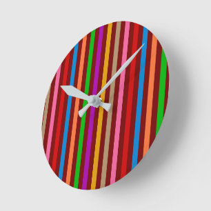 Colourful Stripes On Red Pattern Design Round Clock