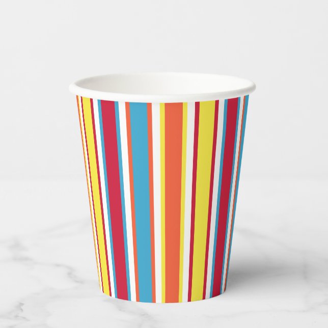 Colourful Stripes Orange, Blue, Yellow, Red, White Paper Cups (Front)