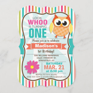 Colourful Stripes Owl Birthday Party Invitation