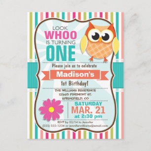 Colourful Stripes Owl Birthday Party Invitation Postcard