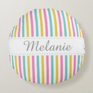 Colourful Stripes Pattern Custom Name Round Cushion