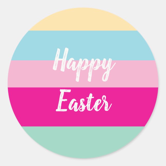Colourful Stripes Pattern Happy Easter Flat Card Classic Round Sticker (Front)