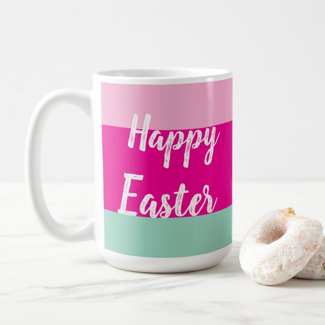Colourful Stripes Pattern Happy Easter Flat Card Coffee Mug (With Donut)