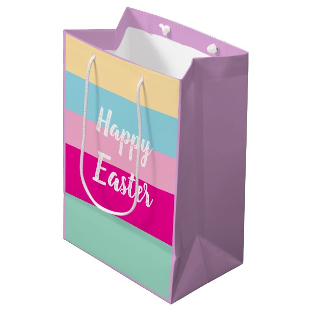 Colourful Stripes Pattern Happy Easter Flat Card Medium Gift Bag (Front Angled)