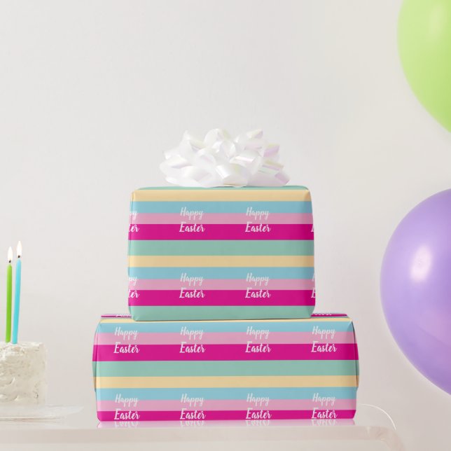 Colourful Stripes Pattern Happy Easter Flat Card Wrapping Paper (Party Gifts)