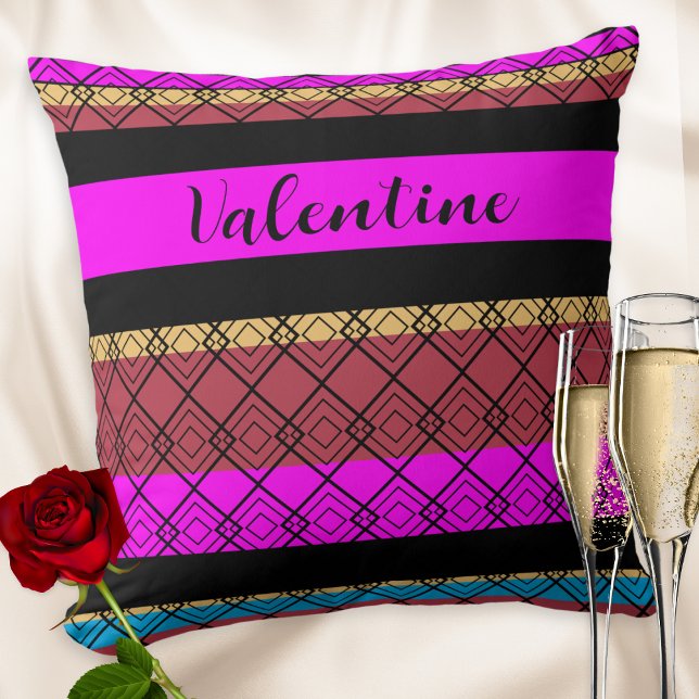 Colourful Stripes Pattern Romantic Valentine's Day Cushion (A colorful throw pillow with striped design and 'Valentine' in elegant script typography)