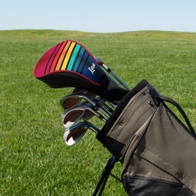 Colourful Stripes Pattern With Personalised Name Golf Head Cover (In Situ)