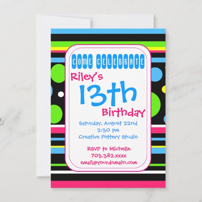 Colourful Stripes Polka Dots Birthday Invitations (Front)