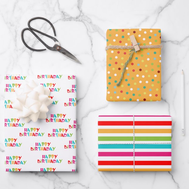 Colourful stripes polka dots Happy Birthday  Wrapping Paper Sheet (Front)