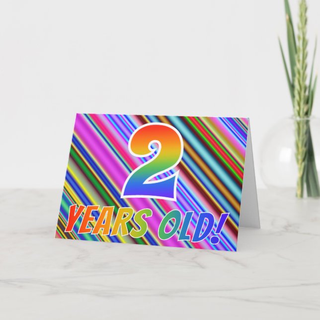 Colourful Stripes + Rainbow Pattern "2 years old!" Card (Front)