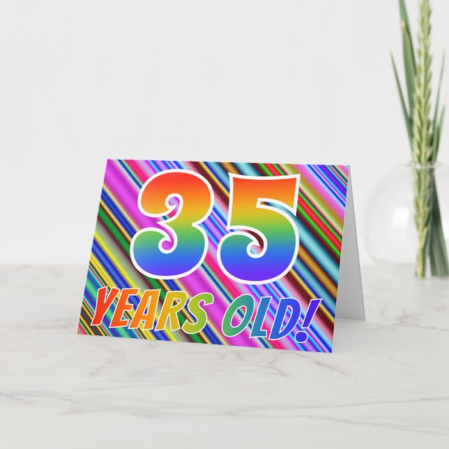Colourful Stripes + Rainbow Pattern "35 years Card (Front)
