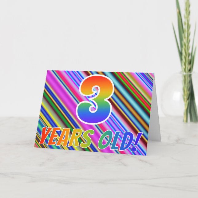 Colourful Stripes + Rainbow Pattern "3 years old!" Card (Front)