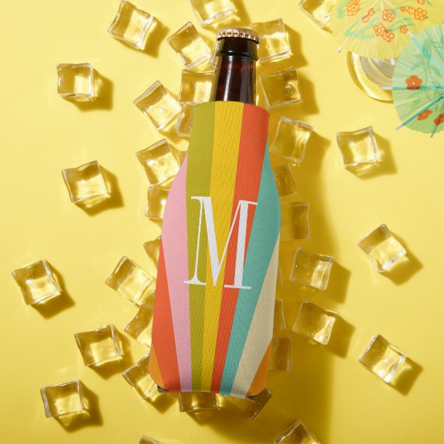 Colourful stripes retro monogram  bottle cooler (In Situ Summer)
