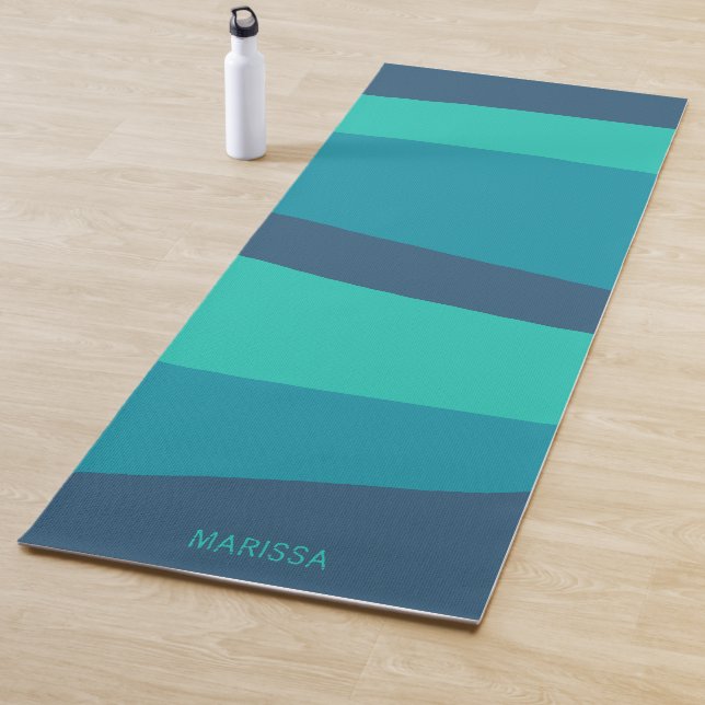Colourful Stripes Teal Turquoise Blue Stripes Name Yoga Mat (In Situ)