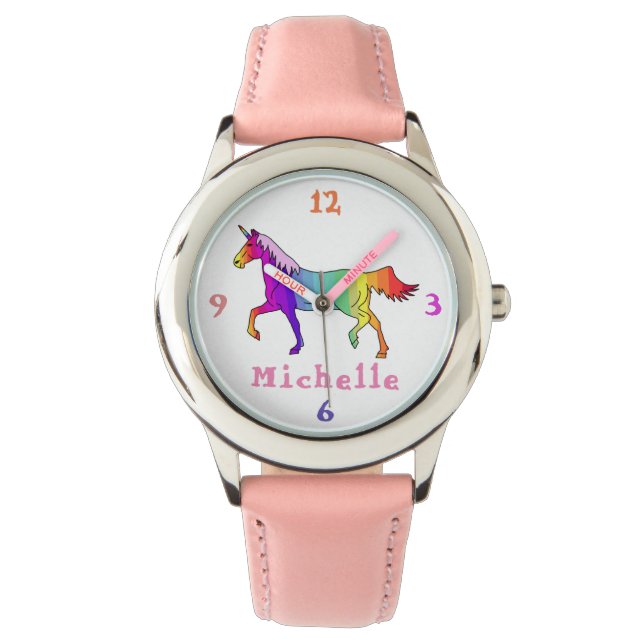 Colourful Stripes Unicorn with Name Personalizable Watch (Front)