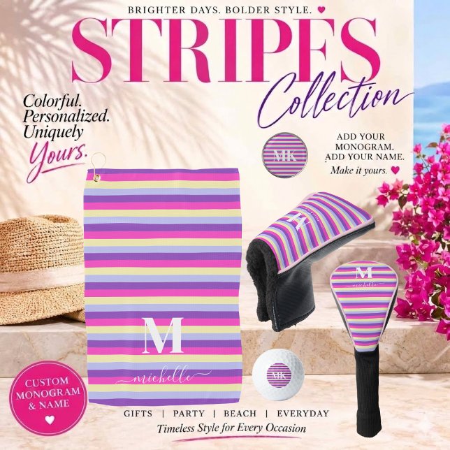 Colourful Stripes with Monogram Golf Balls (stripes collection purple pink yellow and blue monogram and script golf )