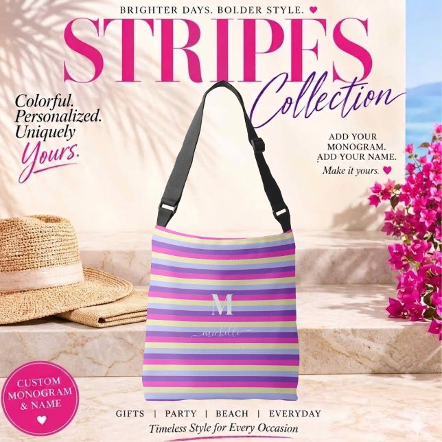 Colourful Stripes with Monogram Script Crossbody Bag (Colorful Stripes Collection Tote Bag- purple, pink, yellow and blue- Monogram and Script)