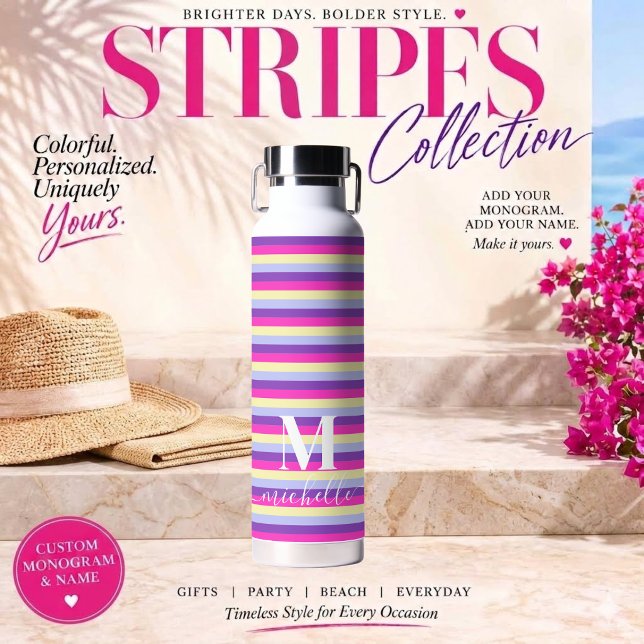 Colourful Stripes with Monogram Script Water Bottle (Colorful Stripes Collection -Monogram and Script-Purple Pink Yellow and Blue)