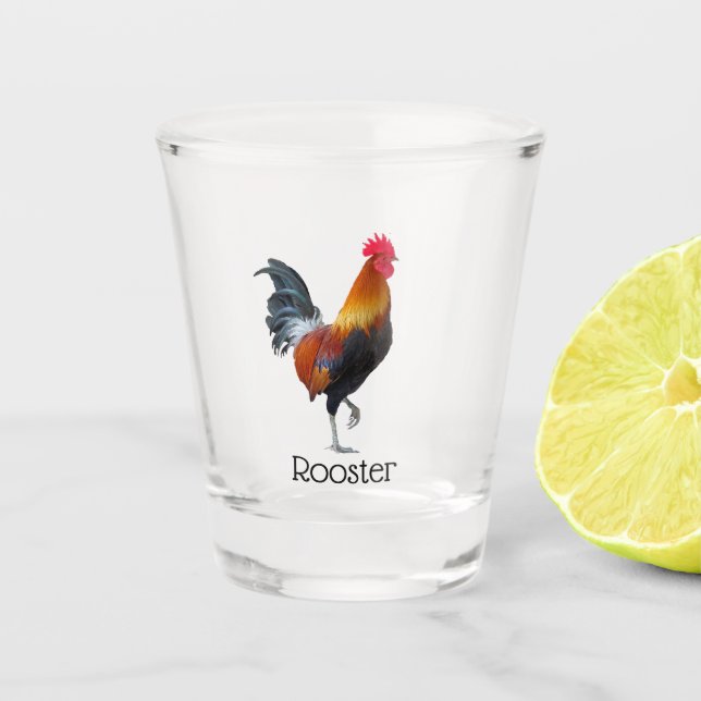 Colourful Strutting Rooster Design Shot Glass (Front)