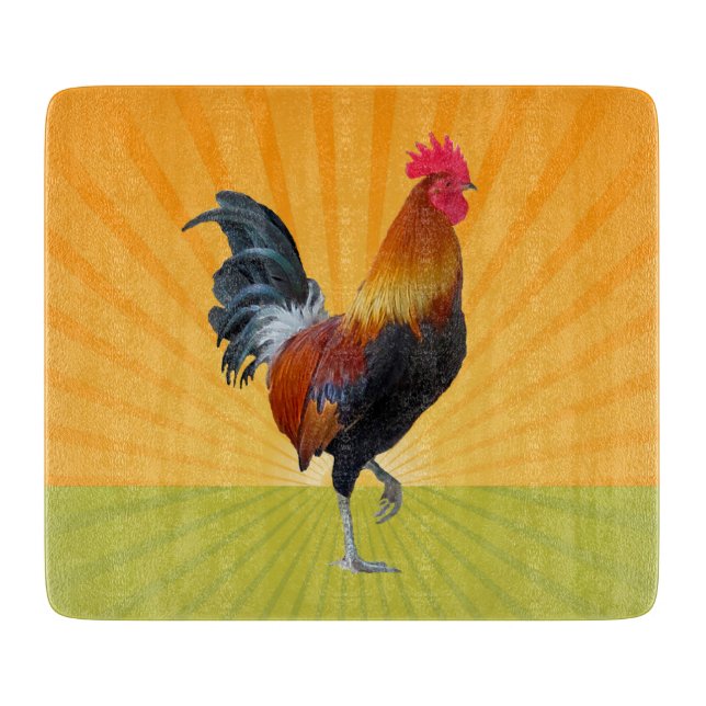 Colourful Strutting Rooster Glass Cutting Board (Front)