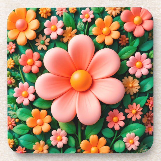 Colourful, stylised 3d flowers coaster (Front)