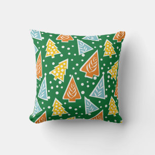 Colourful stylised Christmas trees green pattern Cushion