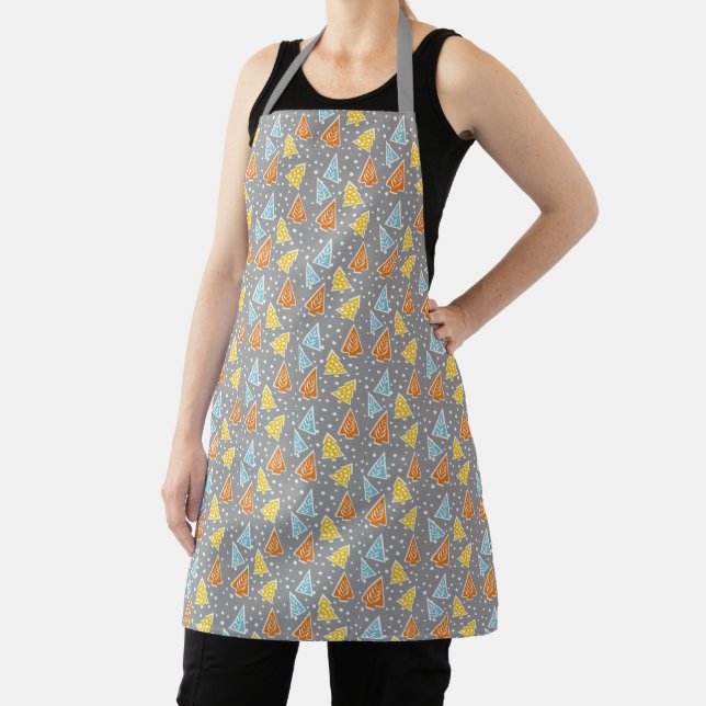 Colourful stylised Christmas trees pattern on grey Apron (Insitu)