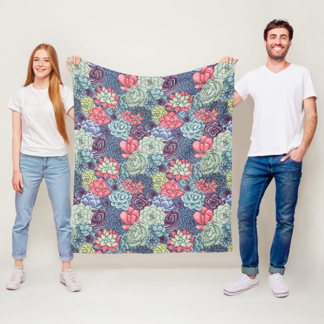 Colourful Succulent Pattern Fleece Blanket (In Situ)