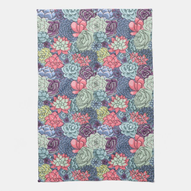 Colourful Succulent Pattern Tea Towel (Vertical)